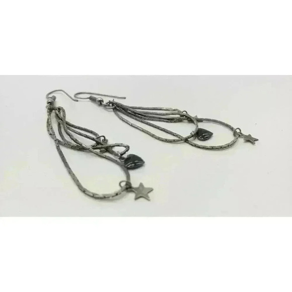 Vintage Silver Earrings Long Herringbone Chains Star Moon Charms 80s Dangle - Picture 9 of 9